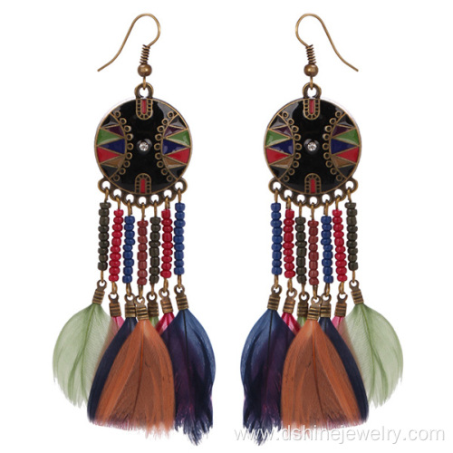 Wholesale Beaded Style Beach Gilded Hoop Feather Earrings